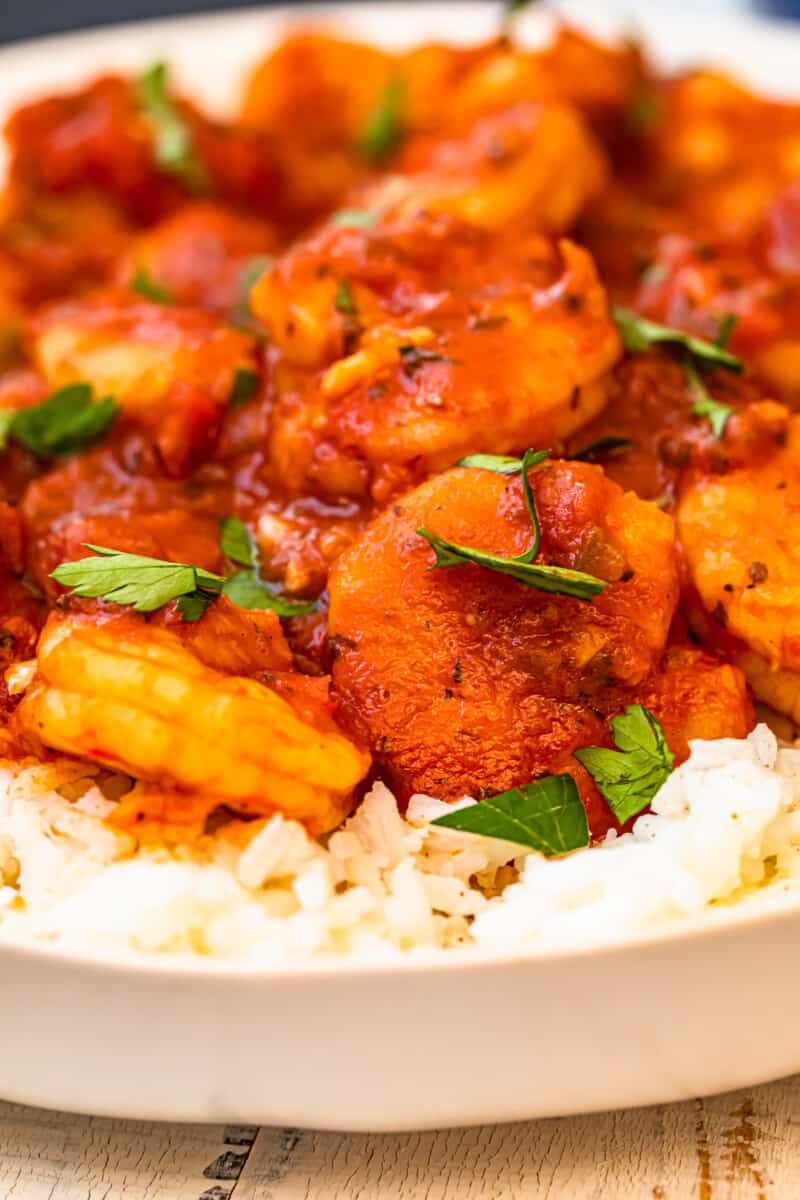 up close creole shrimp served over rice