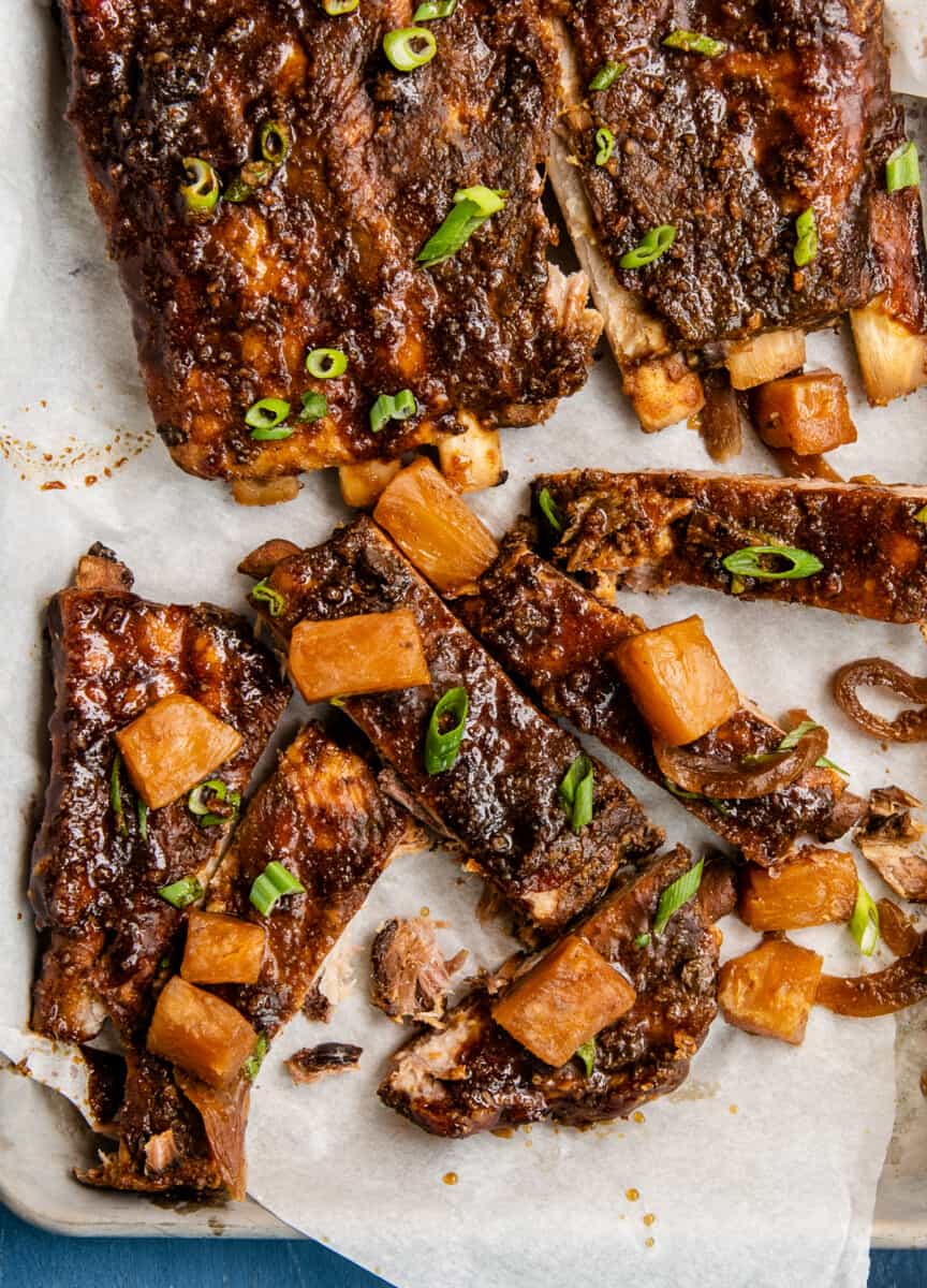 crockpot hawaiian ribs on sheet pan with pineapple