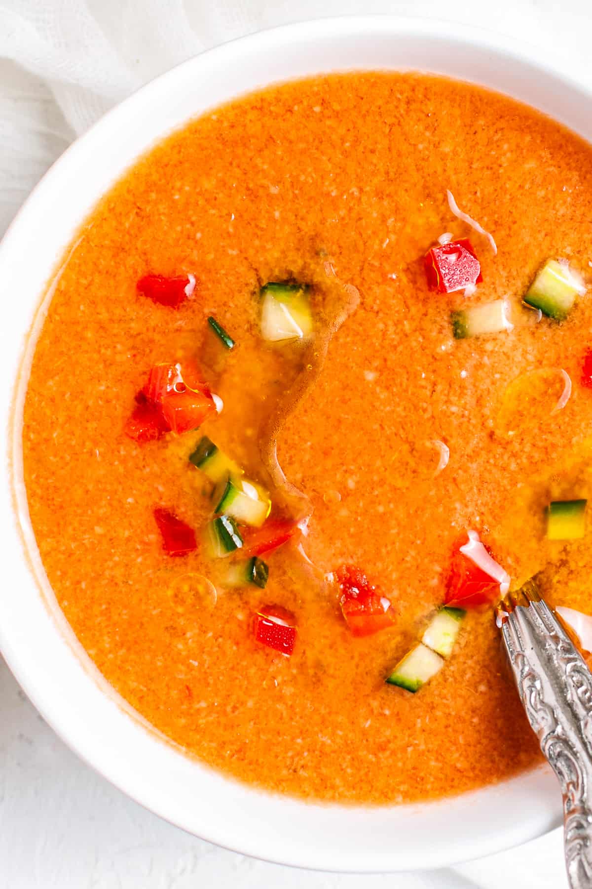 up close gazpacho in white bowl