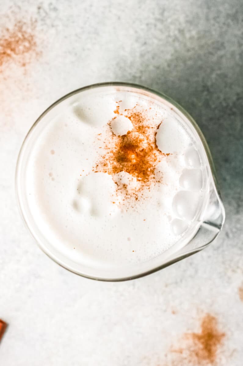 overhead homemade horchata in pitcher