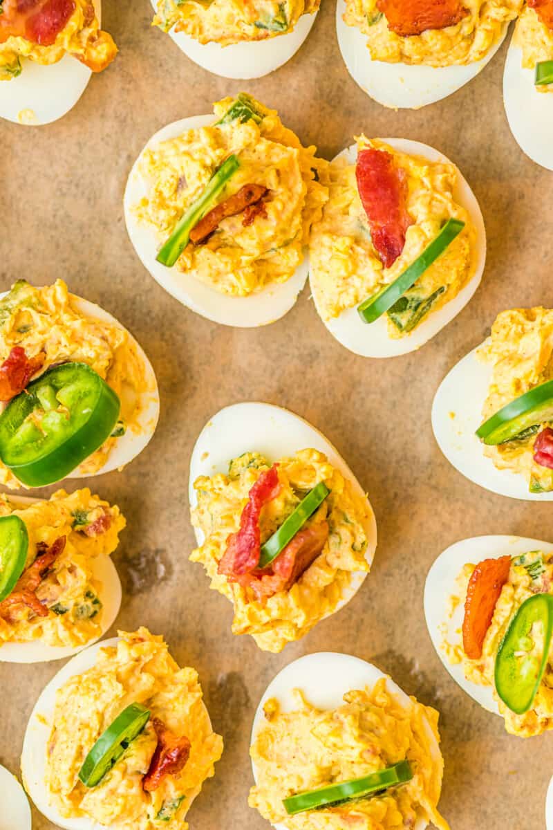 up close jalapeno popper deviled eggs on platter