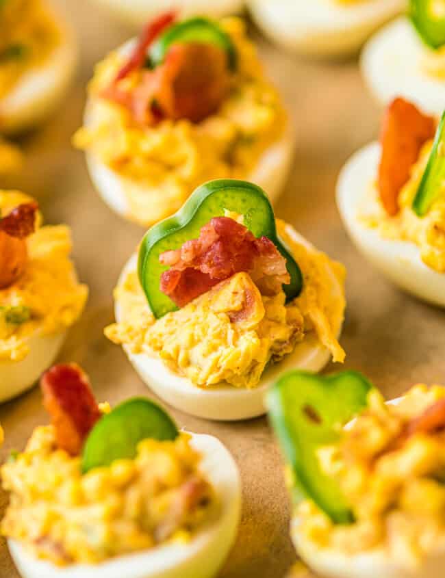 side image of up close jalapeno popper deviled eggs