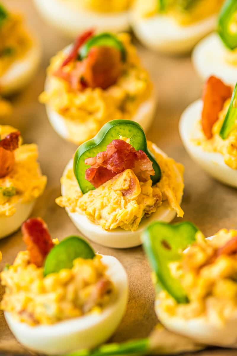 side image of up close jalapeno popper deviled eggs