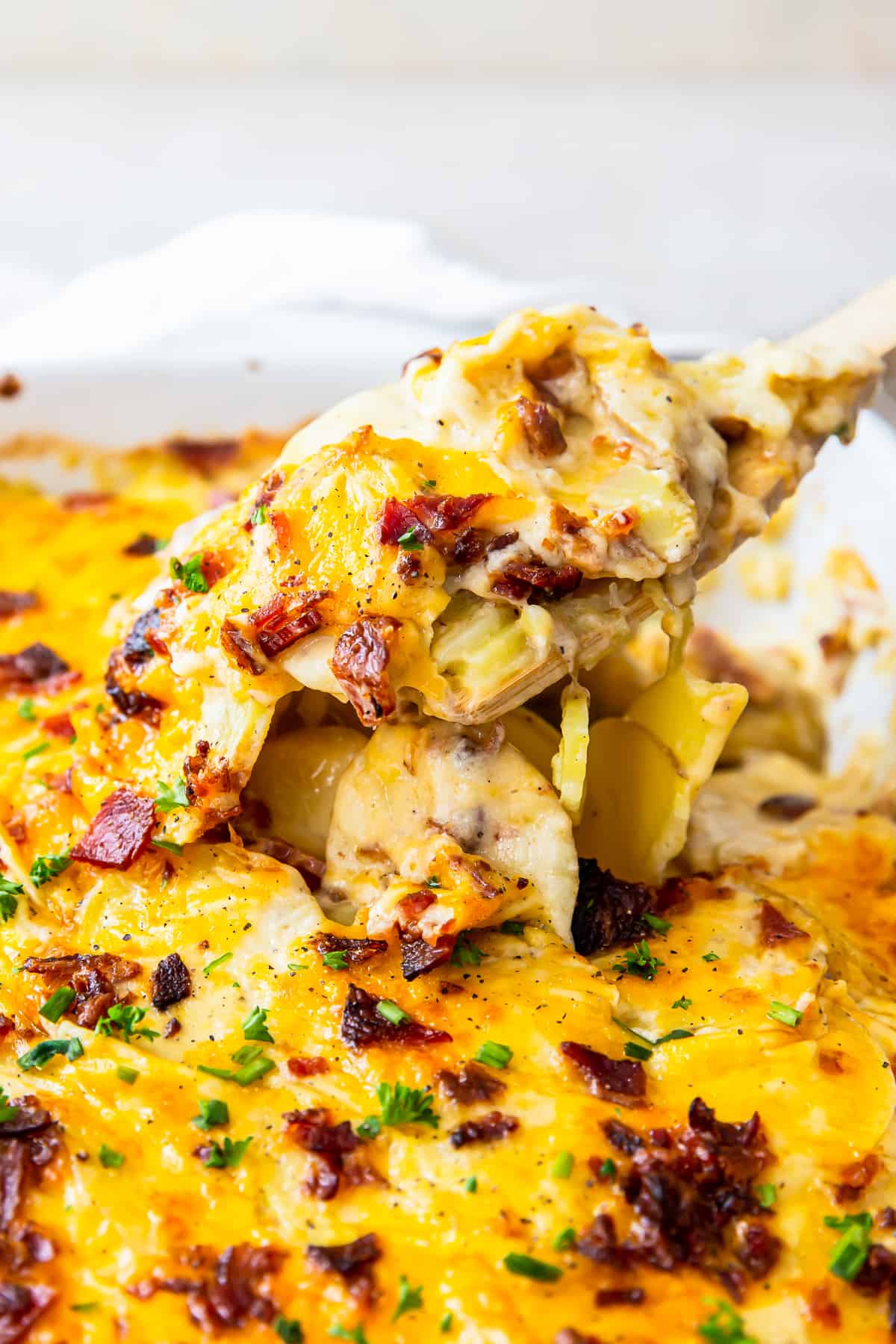 spoon lifting up loaded scalloped potatoes