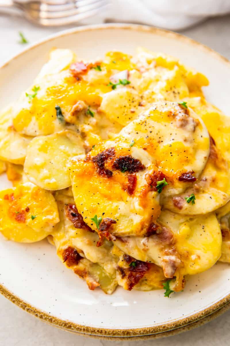 plate of loaded scalloped potatoes