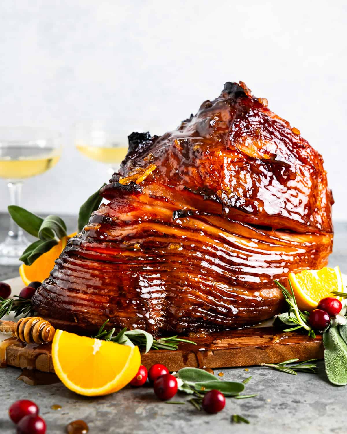 orange glazed ham on platter