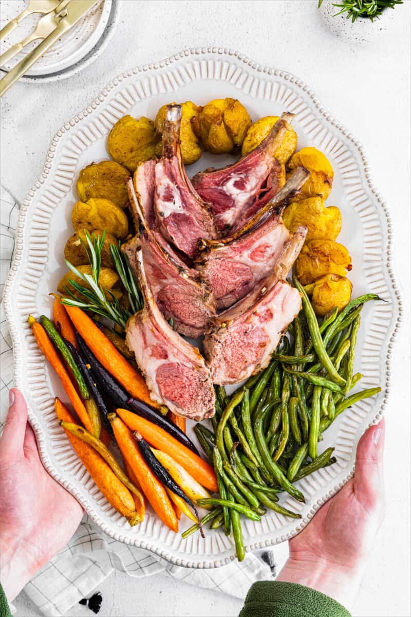 easter dinner with lamb made on sheet pan