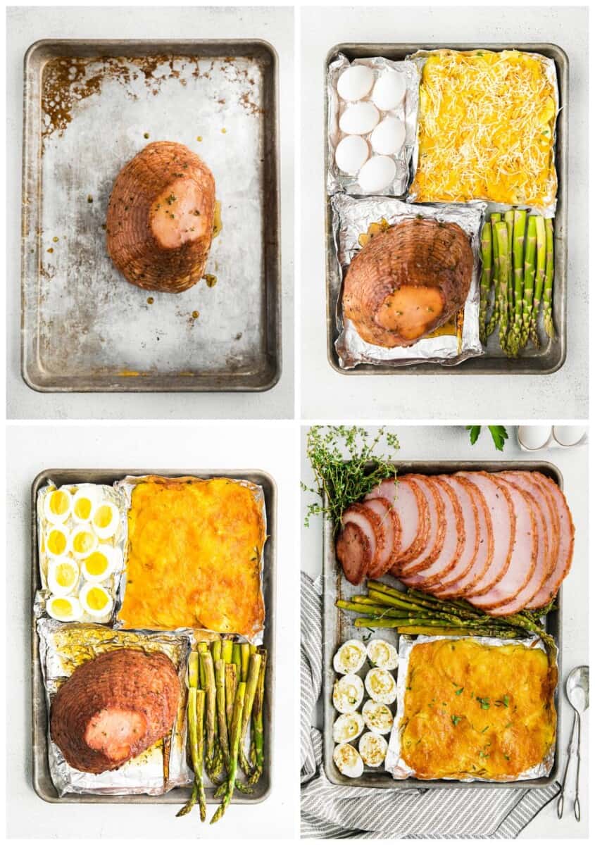 step by step photos for how to make sheet pan easter dinner with ham