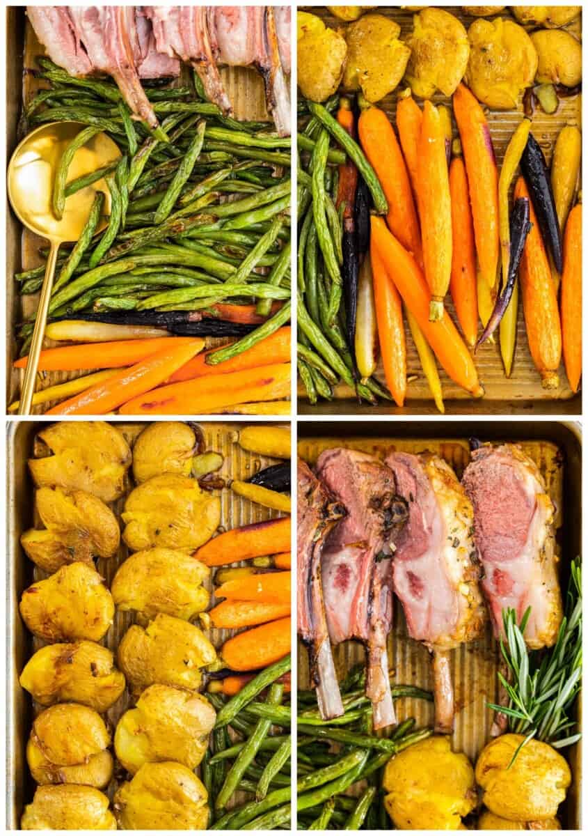 different parts of sheet pan easter dinner with lamb