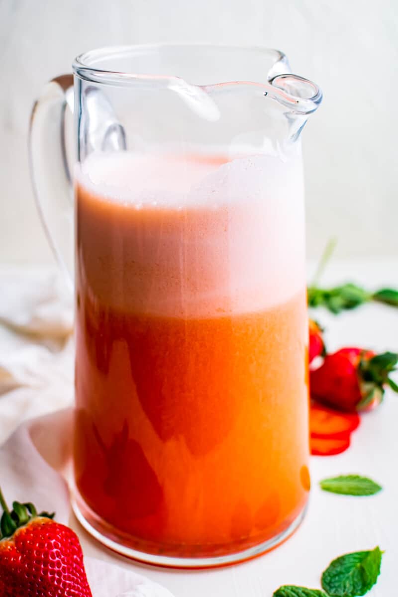 pitcher of homemade strawberry lemonade