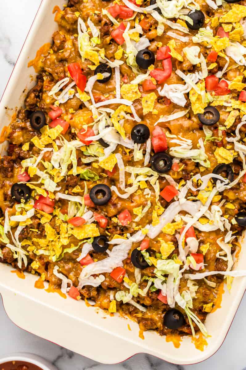 taco casserole in baking dish