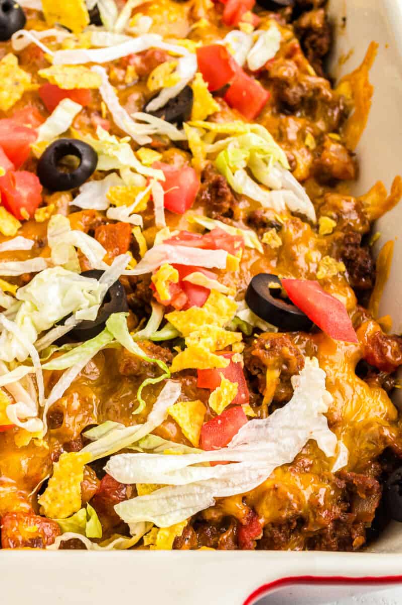 up close taco casserole in baking dish