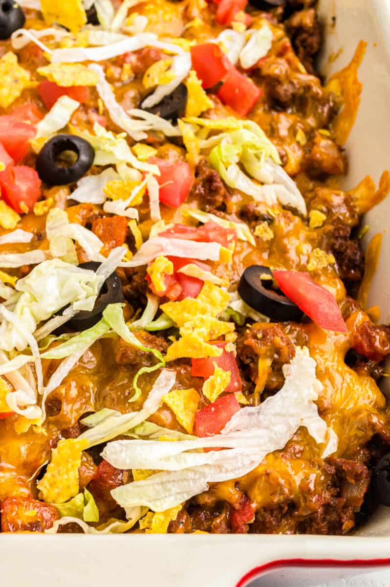 up close taco casserole in baking dish