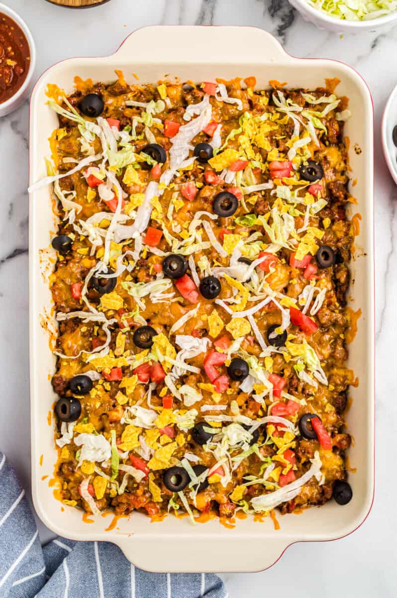 overhead taco casserole in dish