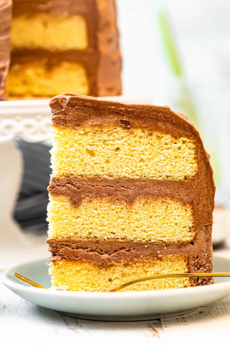 slice of yellow cake with chocolate frosting on plate