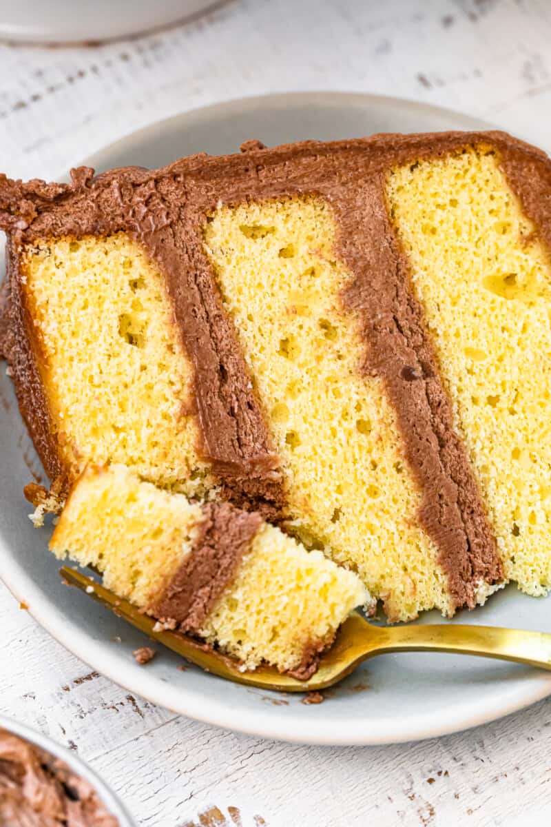 yellow cake laying on plate with milk chocolate buttercream