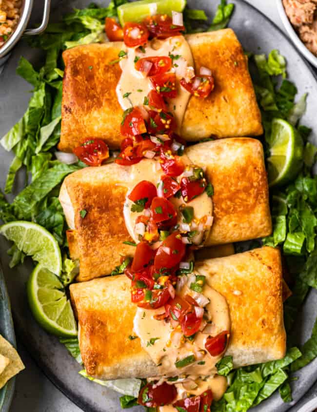 baked chicken chimichangas on serving platter