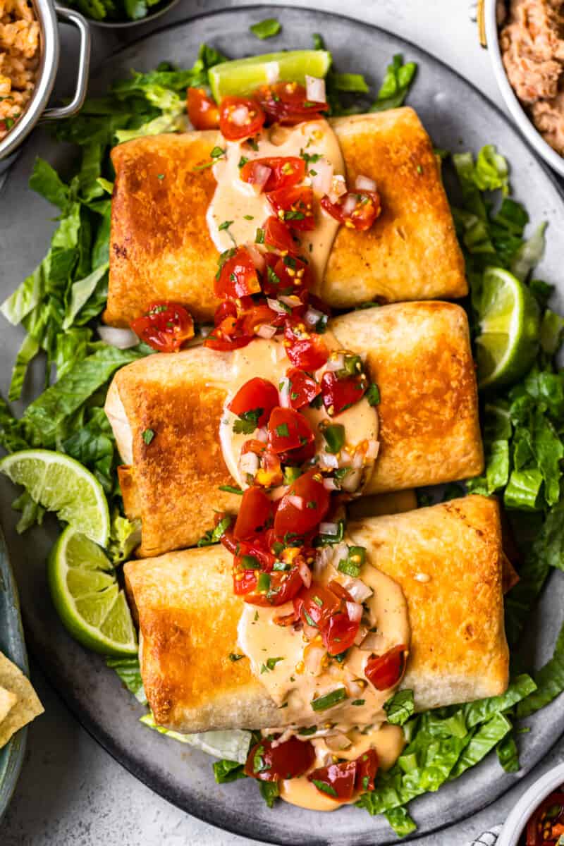 baked chicken chimichangas on serving platter