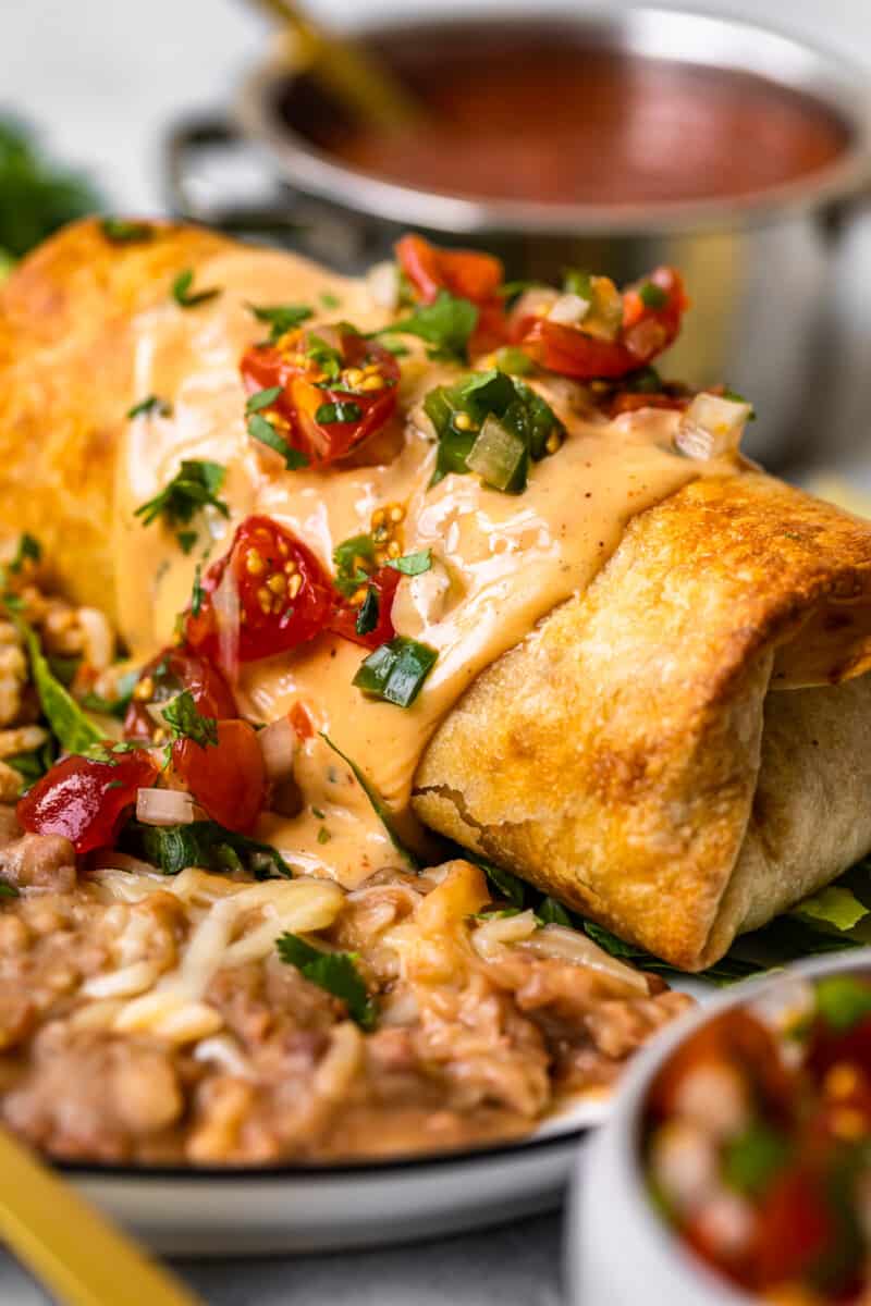 up close queso topped chicken chimichanga
