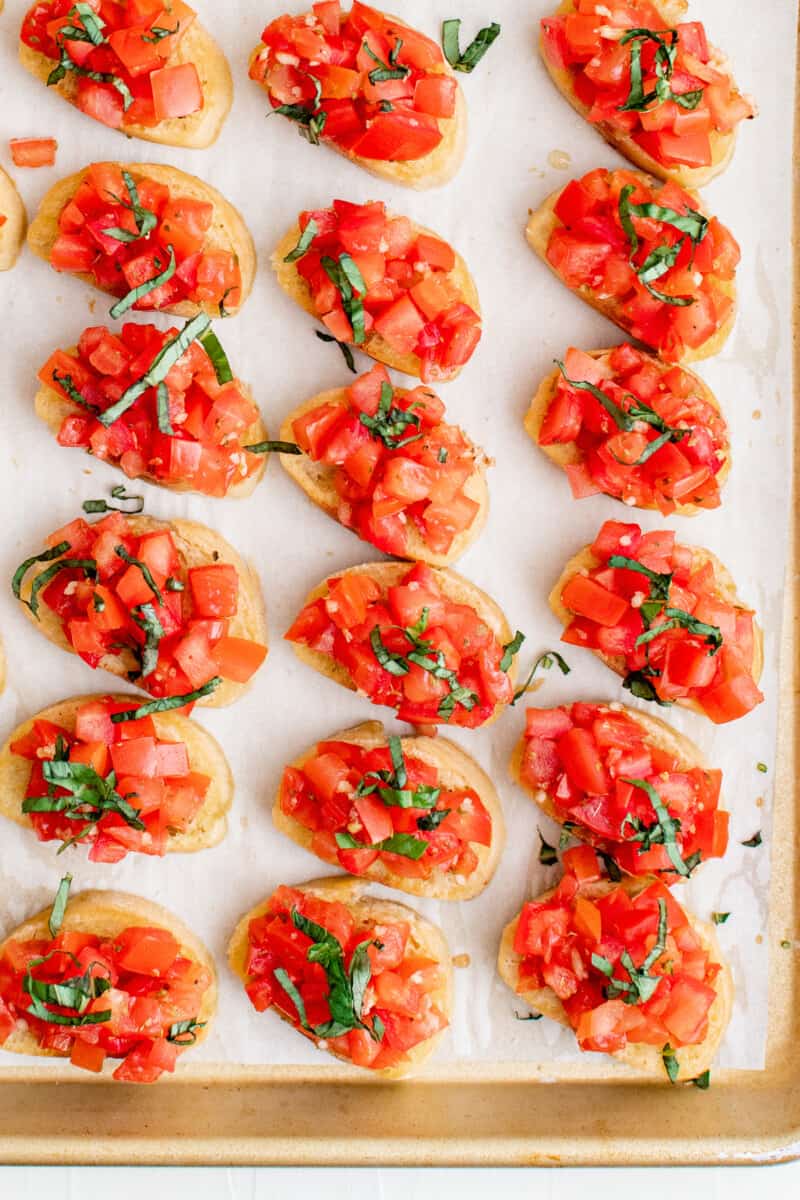 tomato bruschetta on baking sheet