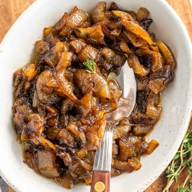 caramelized onions in white bowl