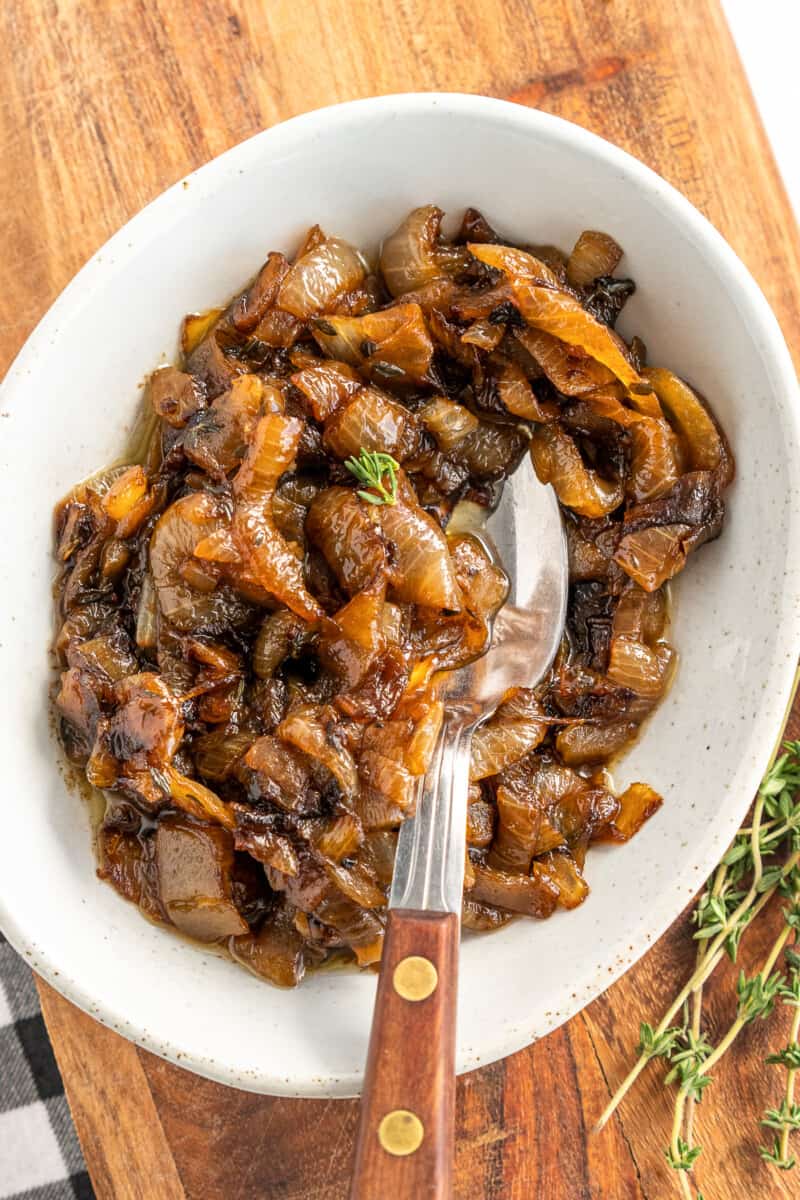 caramelized onions in white bowl