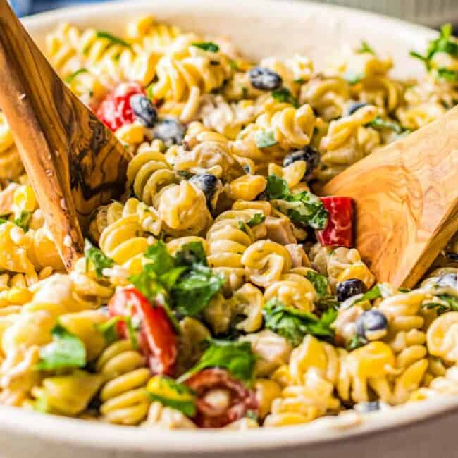 ranch chicken pasta salad in large bowl