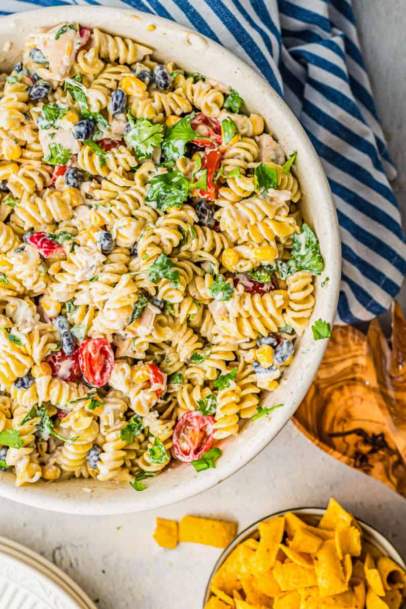 ranch chicken pasta salad in large bowl