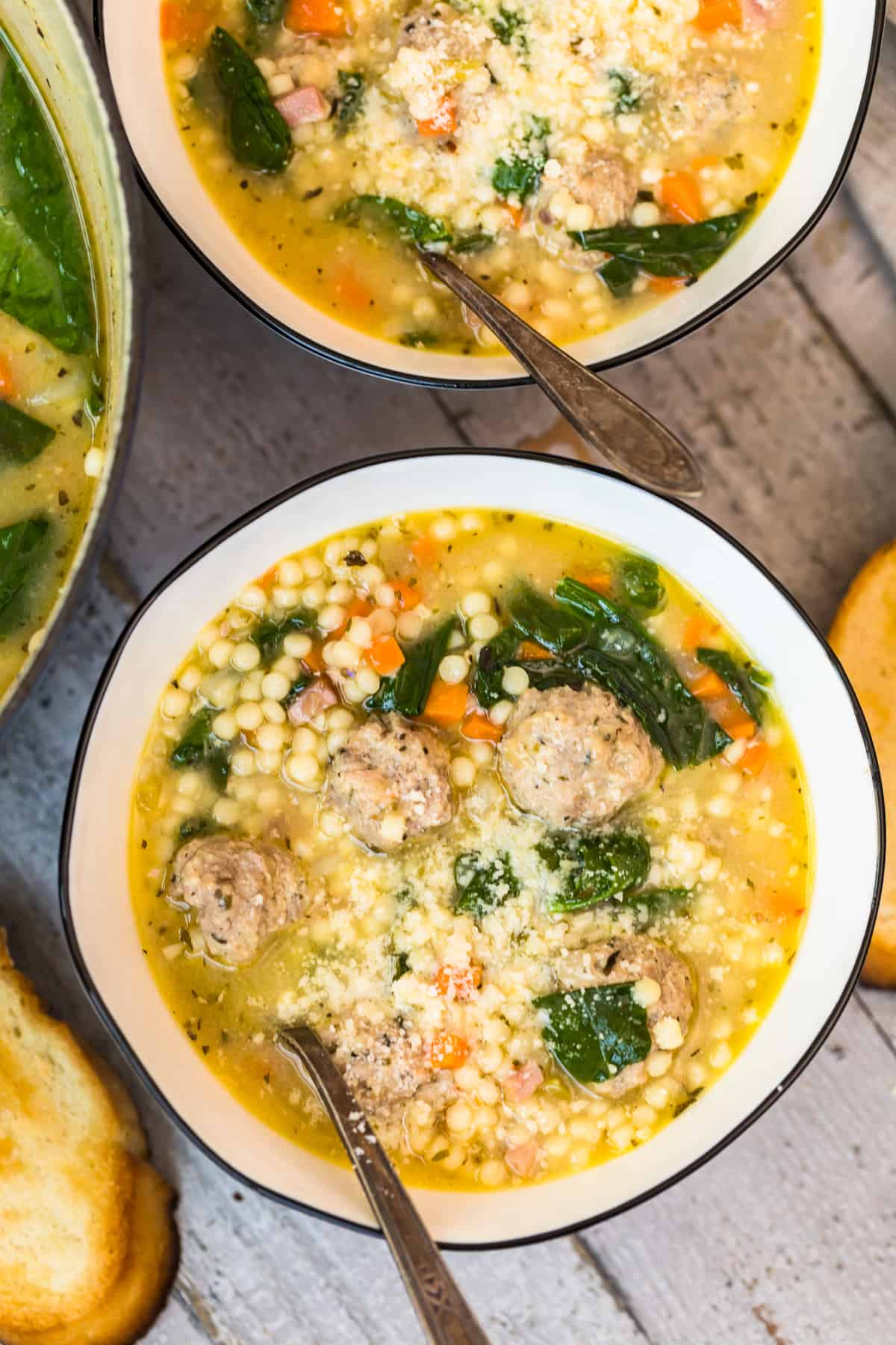 overhead white bowl of Italian wedding soup