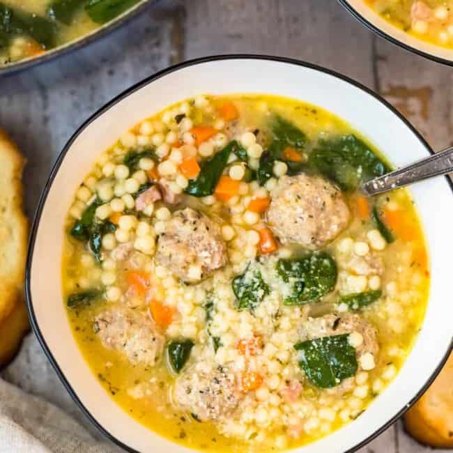 overhead white bowl of Italian wedding soup