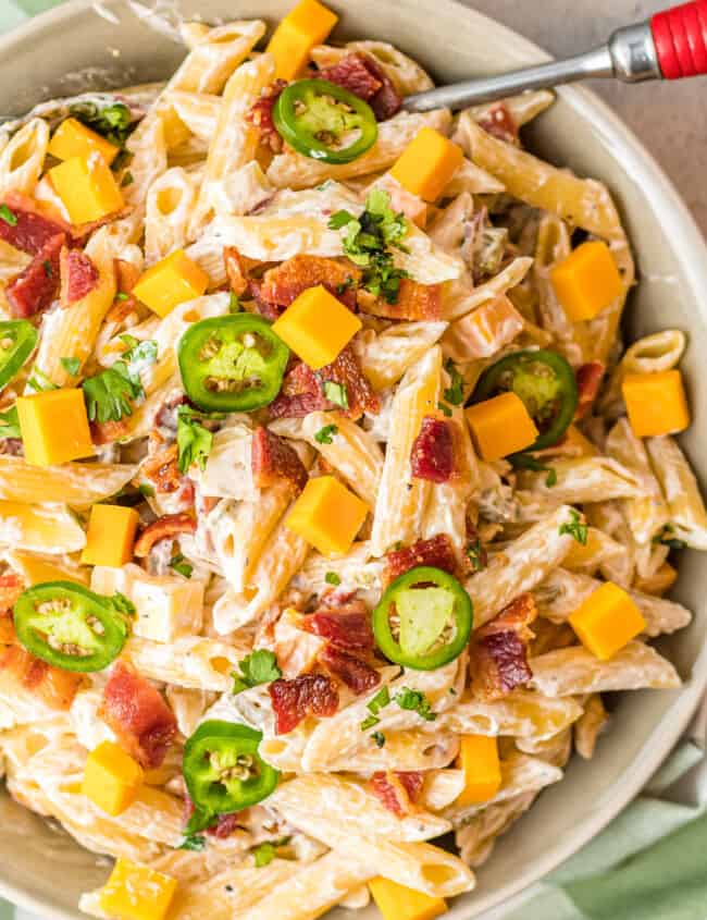 bowl of jalapeno popper pasta salad