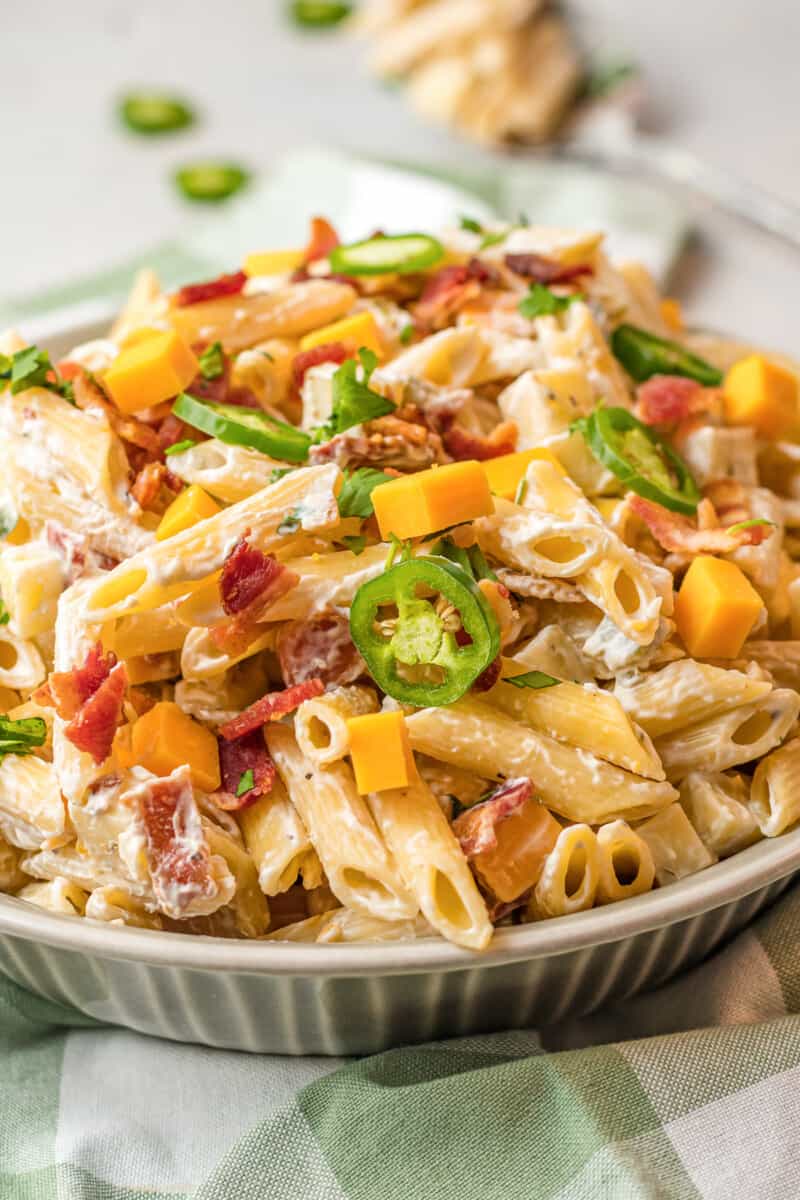 bowl of jalapeno popper pasta salad