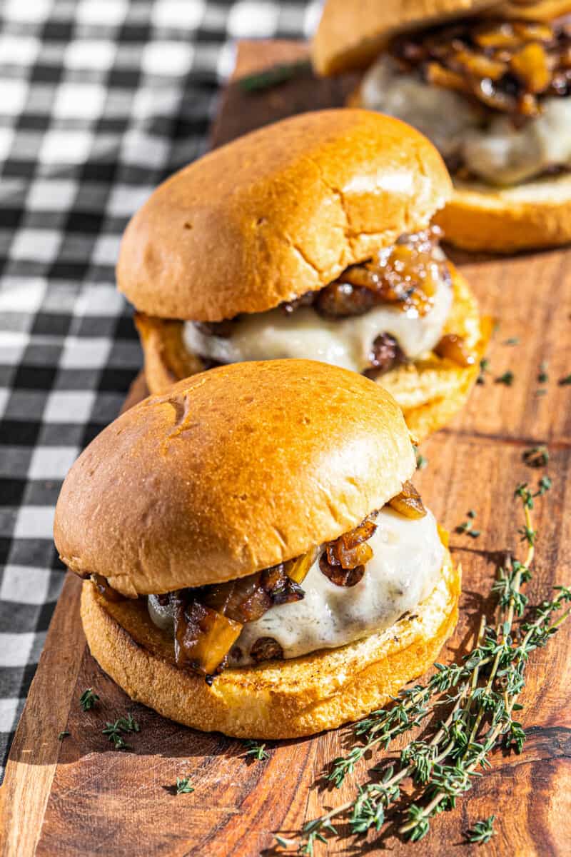 grilled onion siws burgers on serving platter