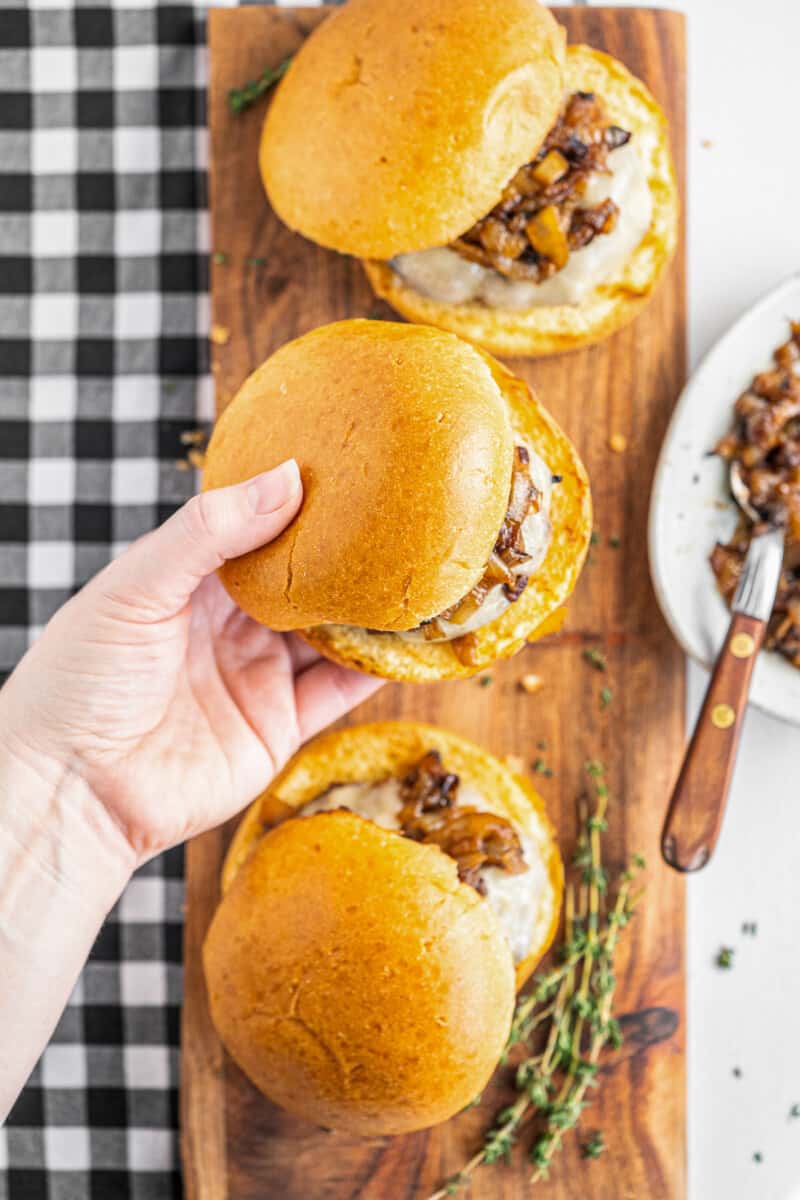 grilled onion siws burgers on serving platter