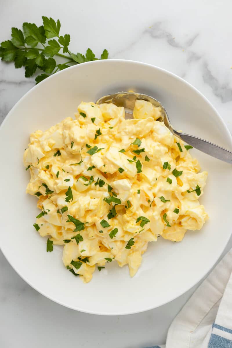 white bowl with egg salad made in an air fryer