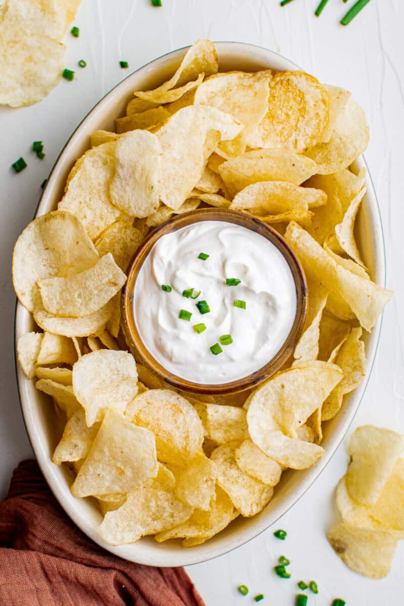 platter with potato chips and dip