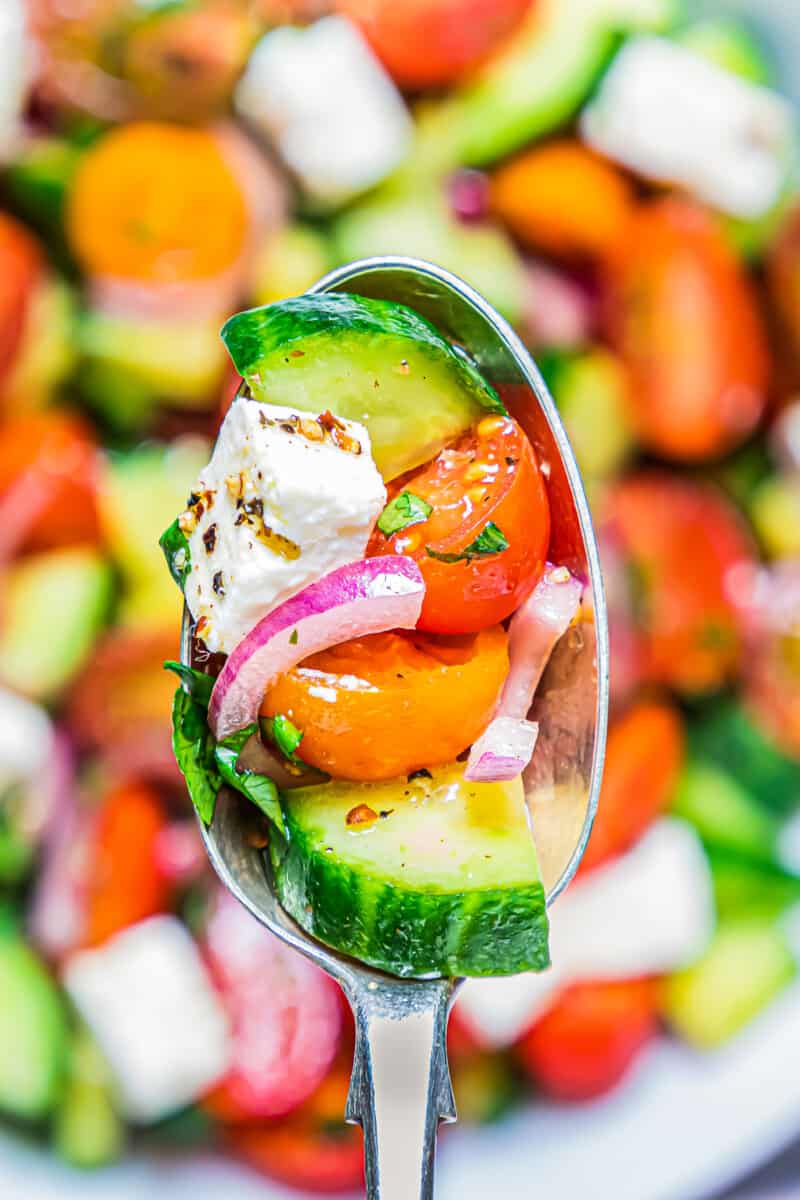 spoon lifting up cucumber tomato salad