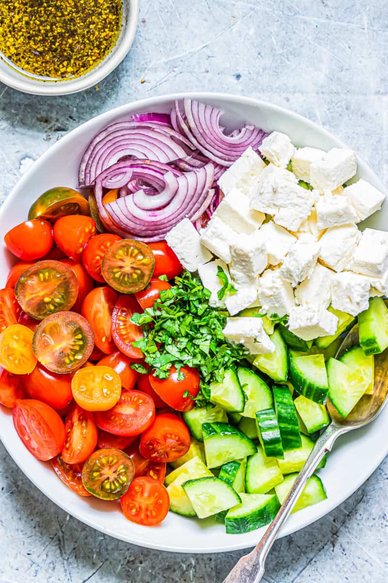 ingredients for cucumber tomato salad with feta