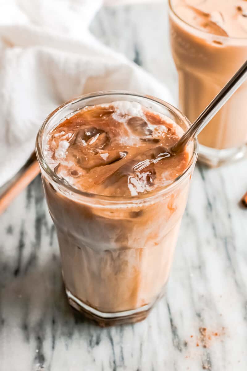 overhead iced espresso with brown sugar syrup and cream