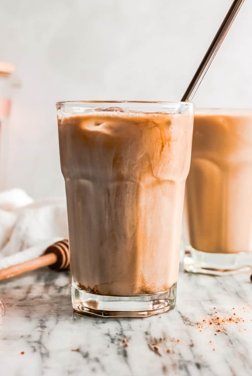 overhead iced espresso with brown sugar syrup and cream