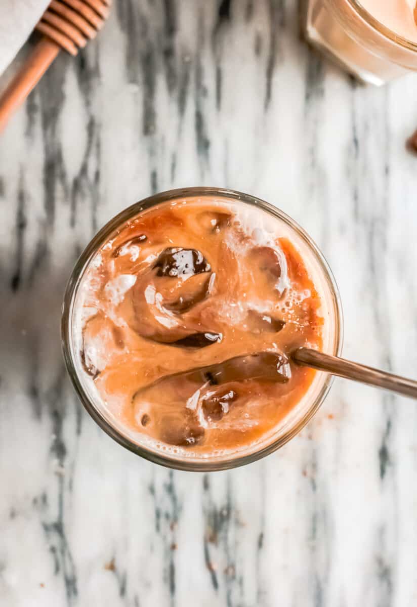 overhead iced espresso with brown sugar syrup and cream