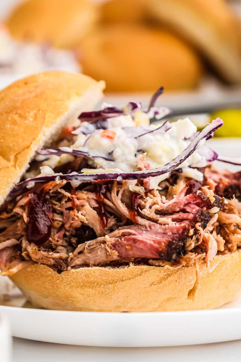 smoked pulled pork sandwich topped with coleslaw