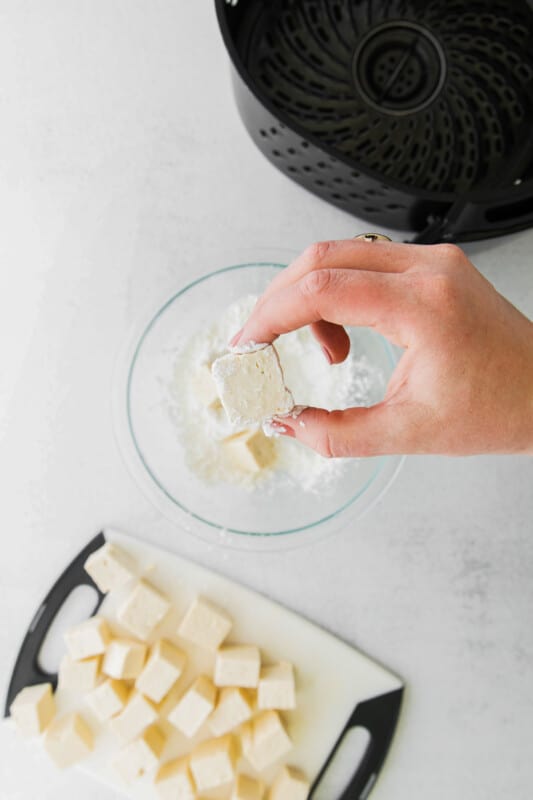 cubes of tofu for air fryer teriyaki tofu dipped in cornstarch.