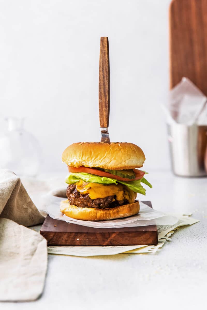 air fryer bbq burger on cutting board