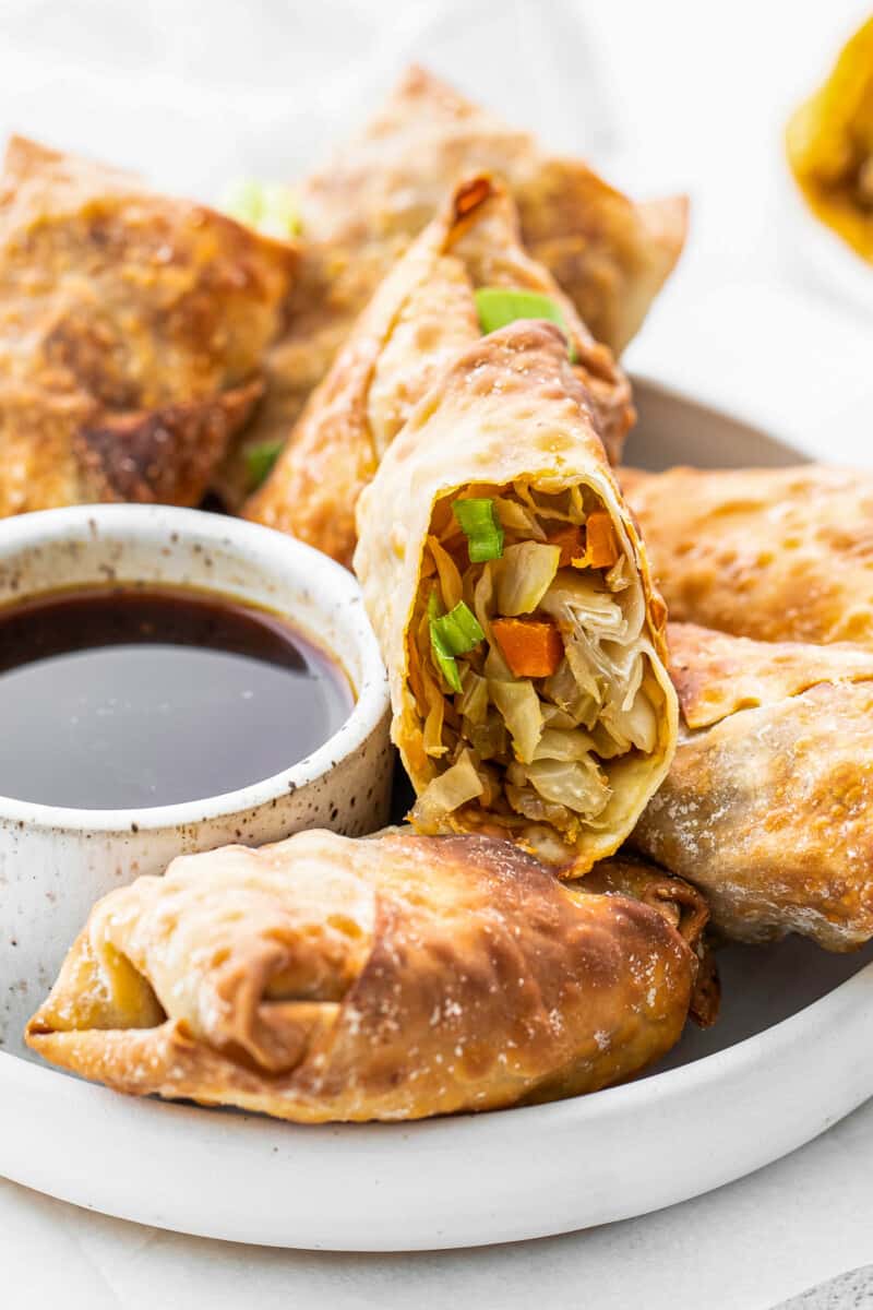 up close inside of air fryer egg rolls