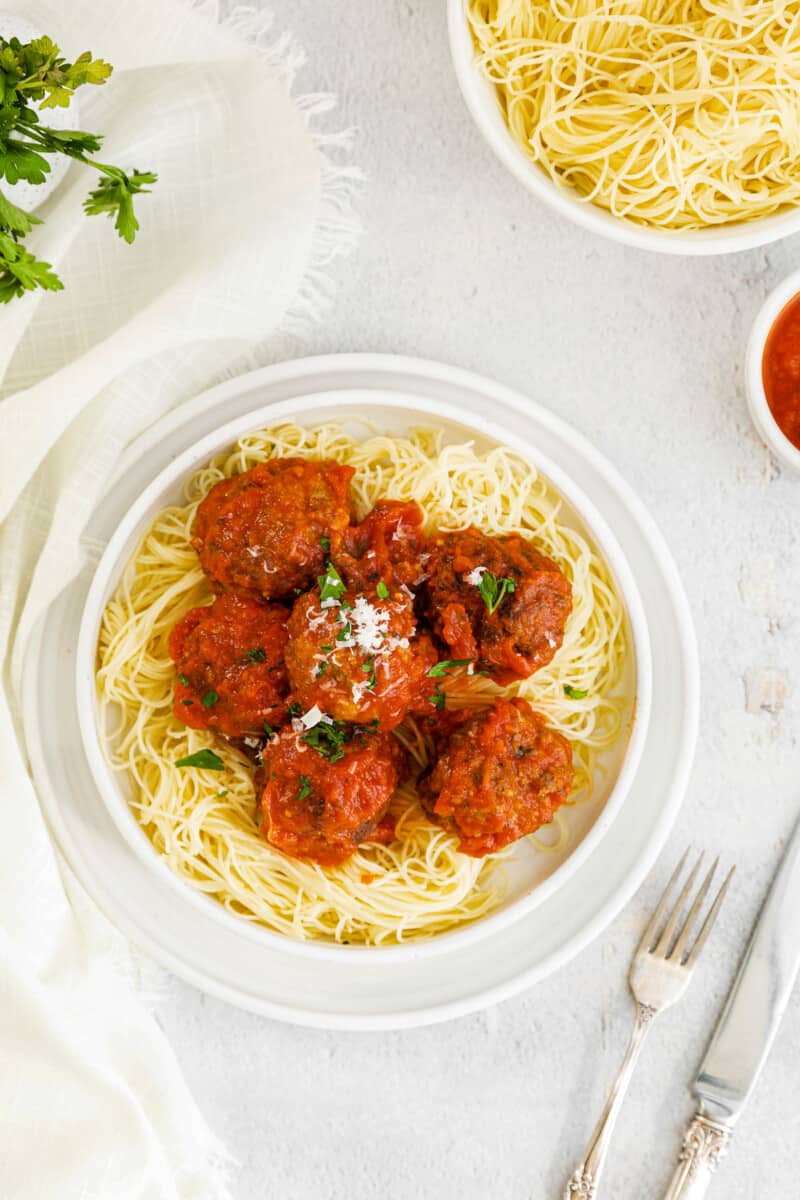 overhead bowl of air fryer meatballs and pasta