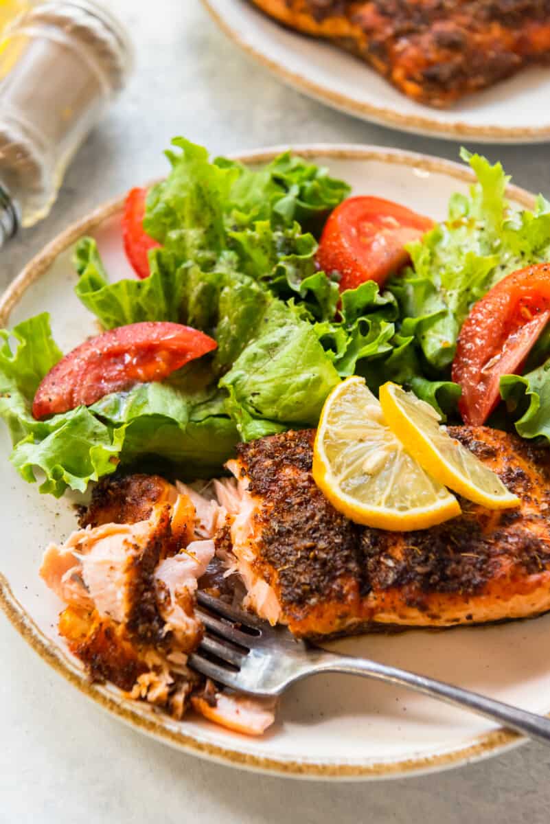 flakey air fryer salmon with green salad