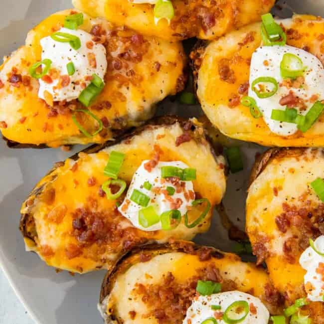 platter with air fryer twice baked potatoes with sour cream and chives