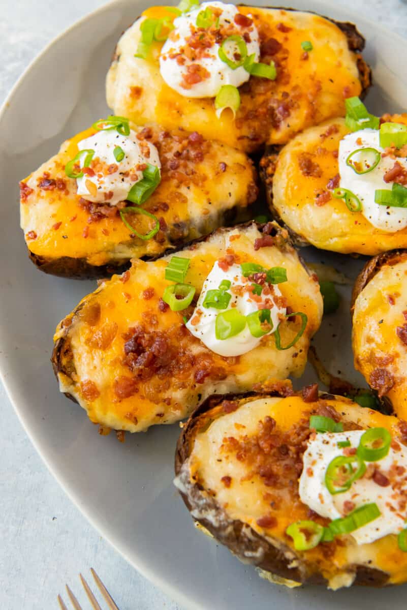 6 air fryer twice baked potatoes on platter