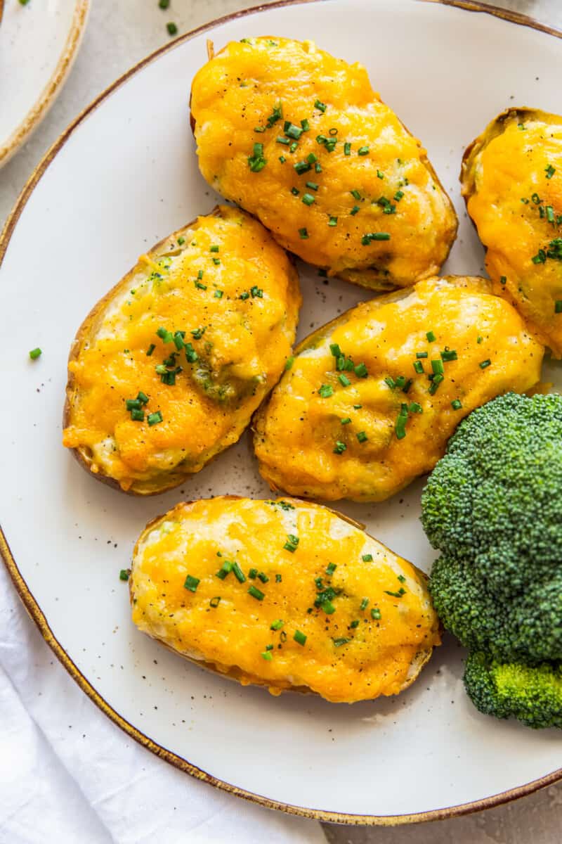 overhead platter with broccoli cheese twice baked potatoes